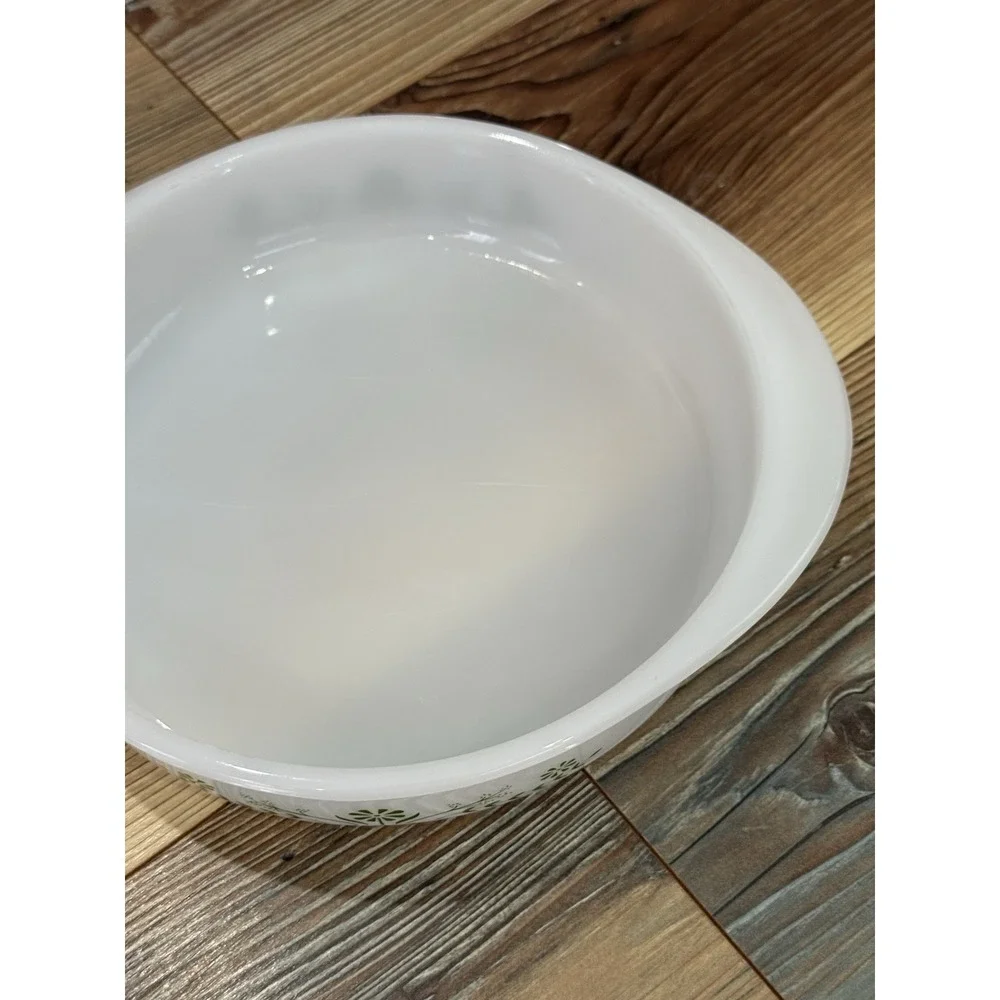 Glasbake white green flowers Casserole Dish J-2429  8 inch.  No lid.  Vintage